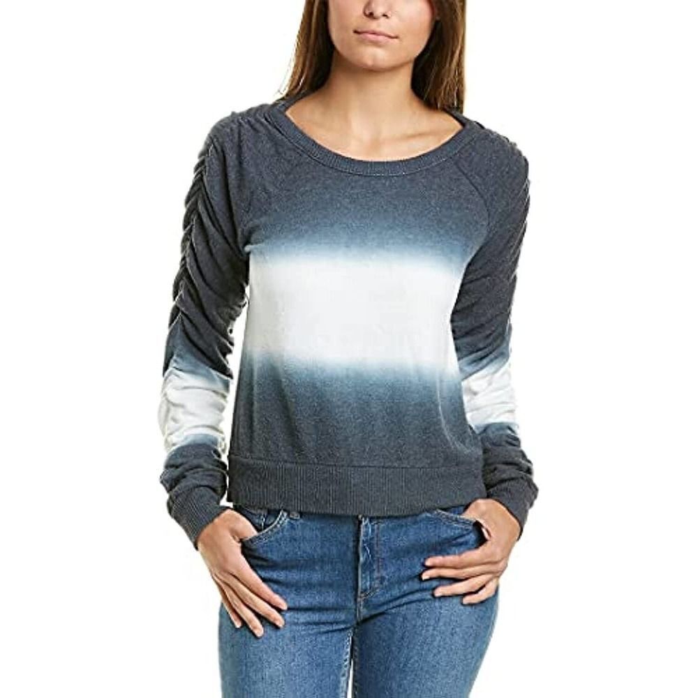 New Chaser Women US M Sweatshirt Ruched Sleeves Cozy Pullover White Gray Sweater